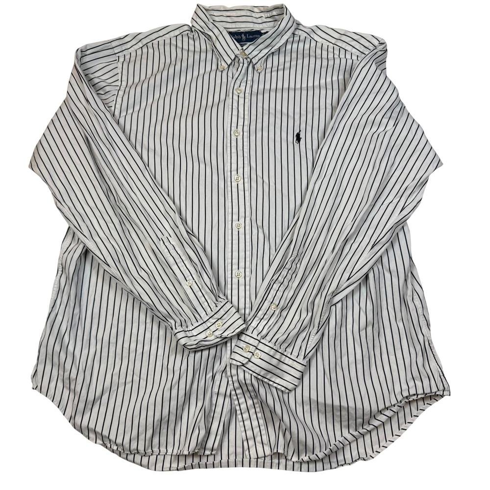 Ralph Lauren Classic Fit XXL White Blue Striped Button Down Shirt Long Sleeve